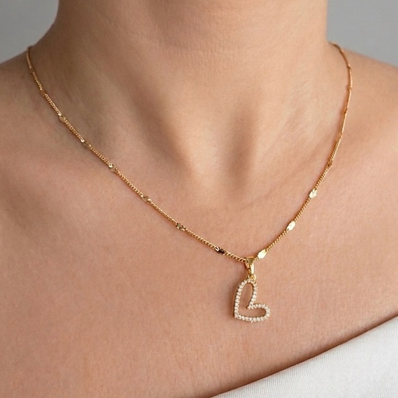 SC JEWELRY Jewelry - 14K Gold Plated Asymmetric Heart Pendant Necklace w/ CZ Stones | Dainty Jewelry